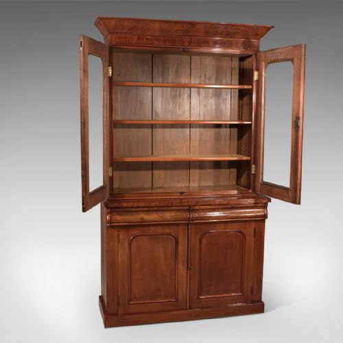 fig 5. Antique Victorian English 4' Bookcase Display Cabinet Fine Flame Mahogany c1870