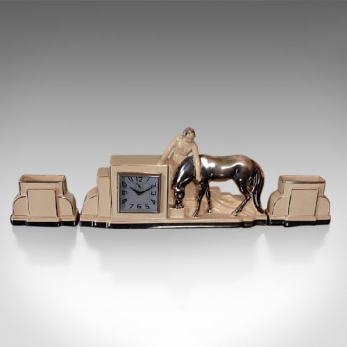 Art Deco Clock and Garnitures, French Odyv Timepiece, Working with Alarm
