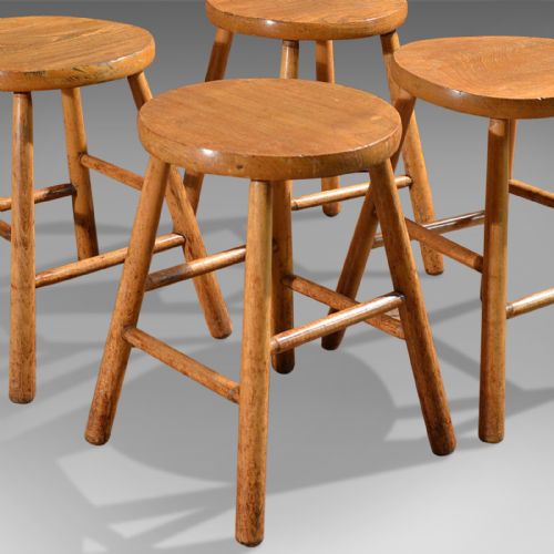 Antique Set of 4 French Country Kitchen Stools, Elm & Ash, C.1900, Seating
