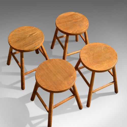 fig 2. Antique Set of 4 French Country Kitchen Stools, Elm & Ash, c.1900, Seating