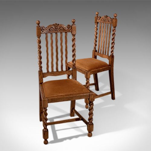 Antique Pair of Oak Barley Twist Dining Side Chairs Quality Edwardian C1910