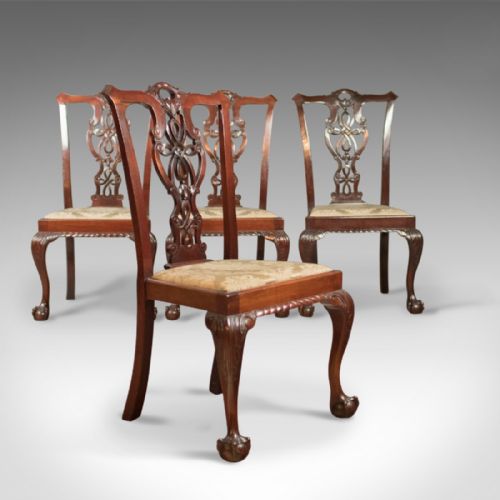 Set of 4 Antique Dining Chairs, Victorian Chippendale Revival, C.1890