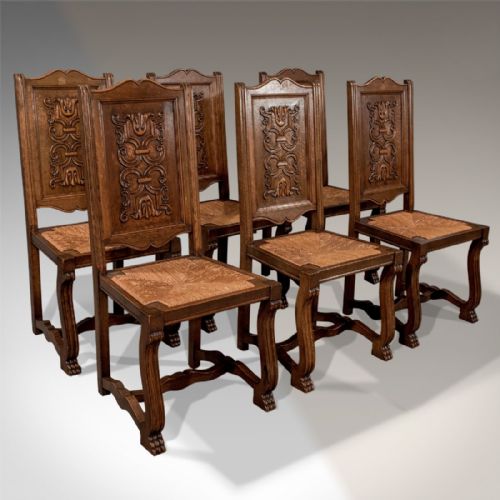 Antique Oak Set of 6 French Kitchen Dining Chairs Quality Rush Seats C1910