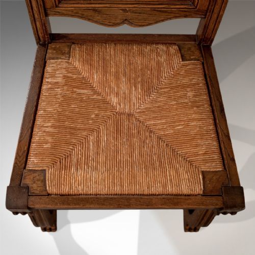 fig 3. Antique Oak Set of 6 French Kitchen Dining Chairs Quality Rush Seats c1910