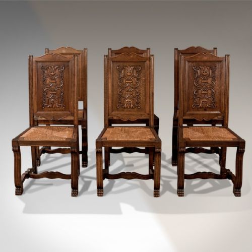fig 4. Antique Oak Set of 6 French Kitchen Dining Chairs Quality Rush Seats c1910