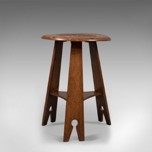 Arts & Crafts Side Table, Carved Oak, C.1890