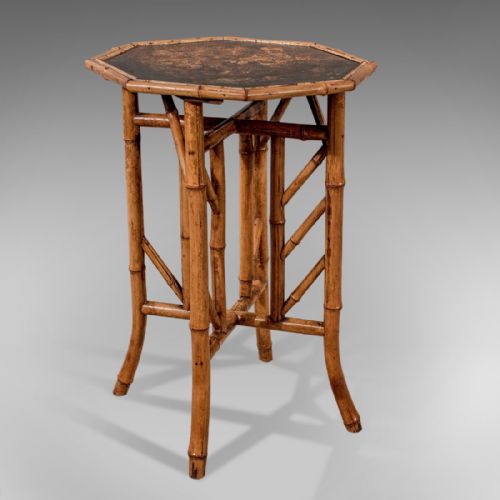 Antique Octagonal Oriental Bamboo Lamp Side Table Lacquered Top Victorian C1890