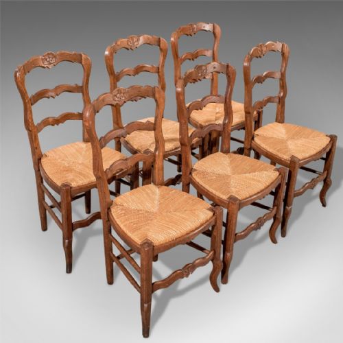 Antique French Oak Country Kitchen Dining Chairs Set 6 Quality Rush Seats C1900