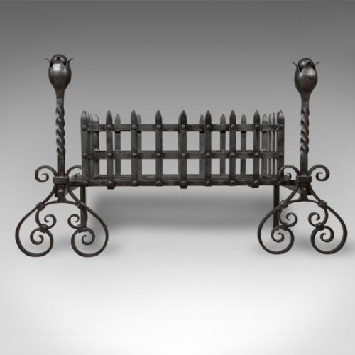 Antique Fire Basket, Large Victorian Iron Grate on Andirons C.1900