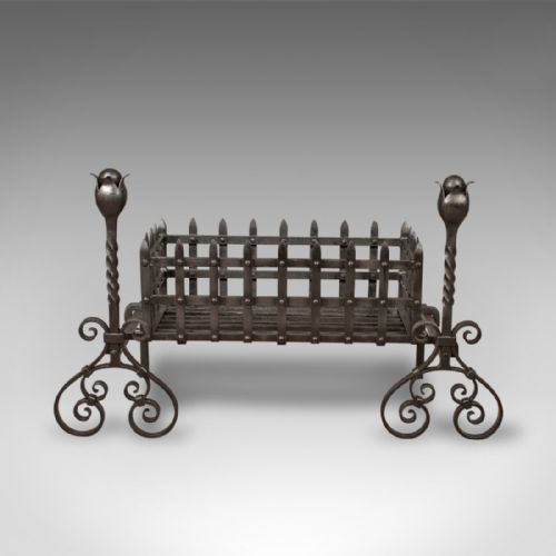 fig 1. Antique Fire Basket, Large Victorian Iron Grate on Andirons c.1900