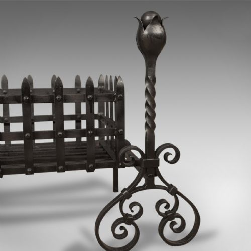 fig 2. Antique Fire Basket, Large Victorian Iron Grate on Andirons c.1900