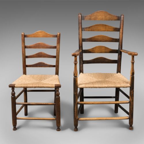 Set of 8 Antique Dining Chairs, English, Ladderbacks, Shaker C.1850