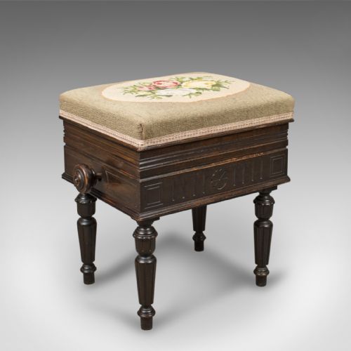 Adjustable Antique Piano Music Stool, English, Brooks Ltd, Victorian C.1880