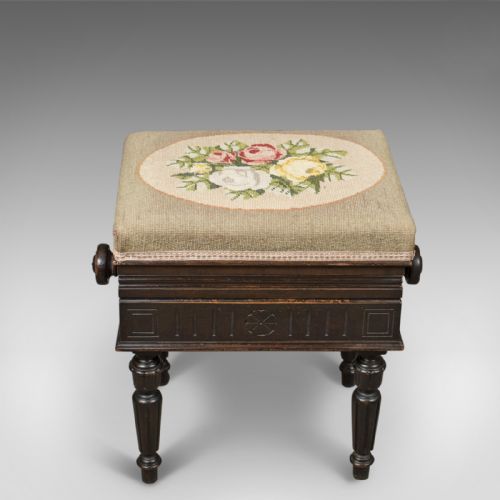 fig 1. Adjustable Antique Piano Music Stool, English, Brooks Ltd, Victorian c.1880