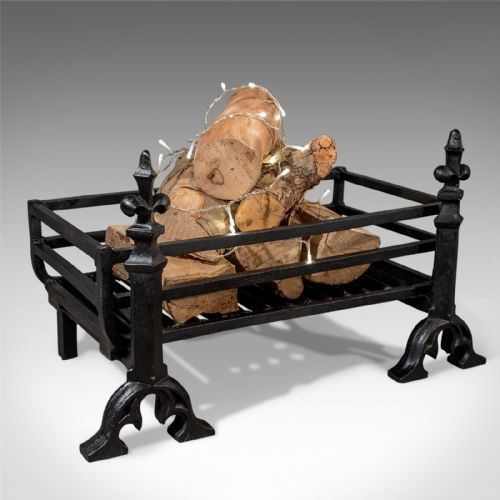 Antique Fire Grate Hearth Basket & Andiron Dogs Cast Iron Victorian C1900
