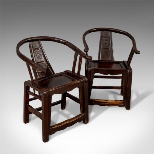 Antique Pair of Chinese Oriental Asian Carver Elbow Horseshoe Armchairs C1890
