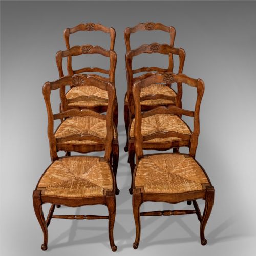Antique Set of 6 French Oak Kitchen Dining Country Chairs Rush Seats C1900
