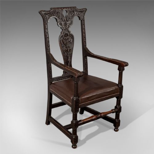 Antique Oak Carver Elbow Hall Dining Chair Leather Seat English Victorian C1870
