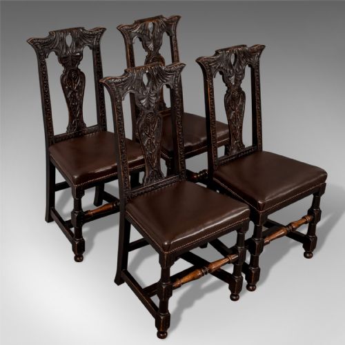Antique Set of 4 Quality Oak Dining Chairs English Victorian Leather Seats C1870
