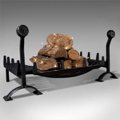 Antique Fire Grate Cast Iron Fire Basket & Andiron Dogs C1900
