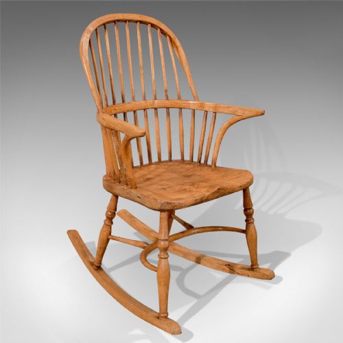 Antique Windsor Rocking Chair Ash & Elm - Crinoline Stretcher - English - C1870
