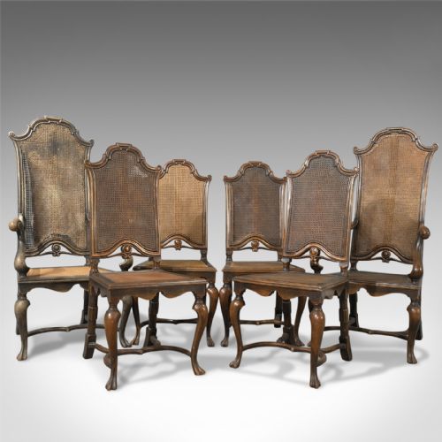 Set of Six, Antique Dining Chairs, Liberty of London, Walnut, Cane, Circa 1880