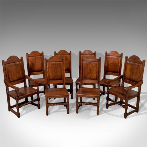 Antique Set of 8 Oak Dining Chairs Edwardian Jacobean Revival Inc Carvers C1910