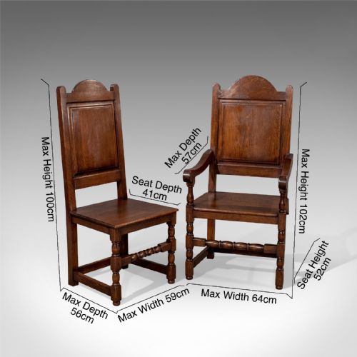 fig 1. Antique Set of 8 Oak Dining Chairs Edwardian Jacobean Revival inc Carvers c1910