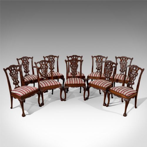 Antique Set of 10 Chippendale Dining Chairs Victorian Revival Inc Carvers C1900