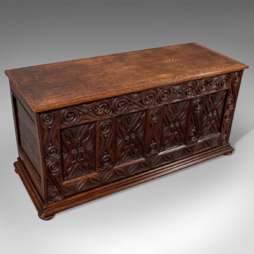 Antique Oak Carved Coffer Chest Storage Trunk with Fitted Interior English C1750