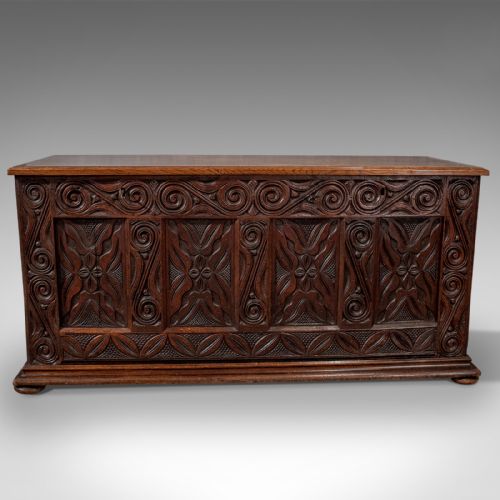 fig 4. Antique Oak Carved Coffer Chest Storage Trunk With Fitted Interior English c1750