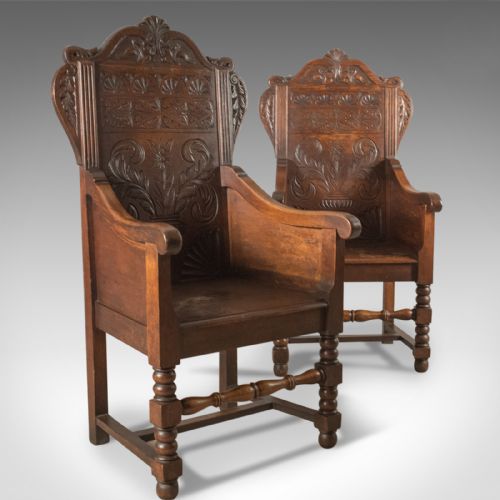 Antique Pair of Baronial Hall Chairs, English Oak Armchairs, C.1900