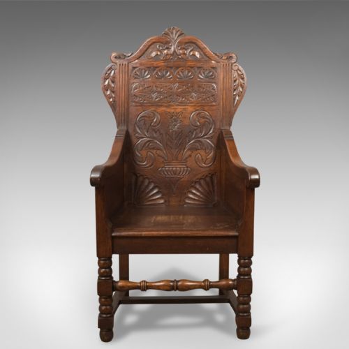 fig 1. Antique Pair of Baronial Hall Chairs, English Oak Armchairs, c.1900