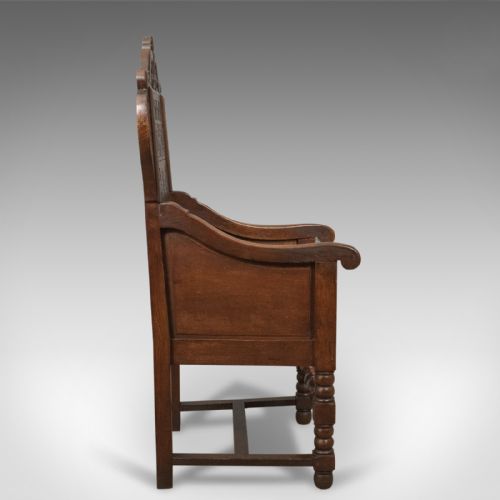 fig 3. Antique Pair of Baronial Hall Chairs, English Oak Armchairs, c.1900