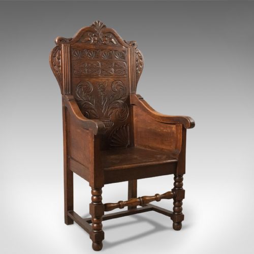 fig 4. Antique Pair of Baronial Hall Chairs, English Oak Armchairs, c.1900