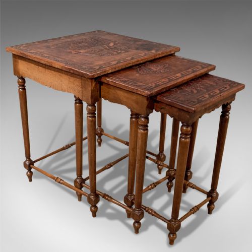 Antique Nest of Three Side Tables Embossed Bolivian Inca Leather Tops Edwardian C1910