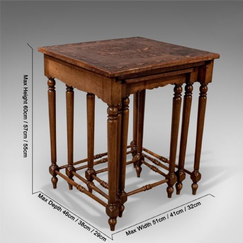 fig 1. Antique Nest Of Three Side Tables Embossed Bolivian Inca Leather Tops Edwardian c1910