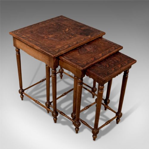 fig 3. Antique Nest Of Three Side Tables Embossed Bolivian Inca Leather Tops Edwardian c1910