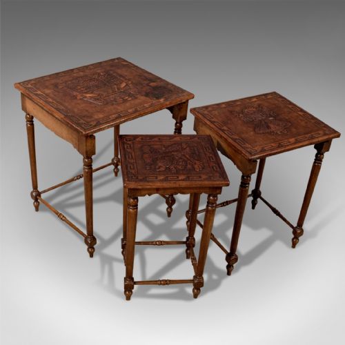 fig 4. Antique Nest Of Three Side Tables Embossed Bolivian Inca Leather Tops Edwardian c1910