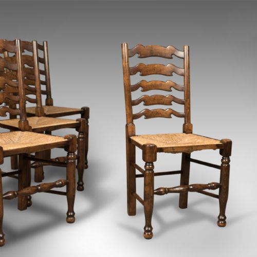 Set of 4 Antique 'Wavy Line' Ladderback Dining Chairs, Edwardian C.1910