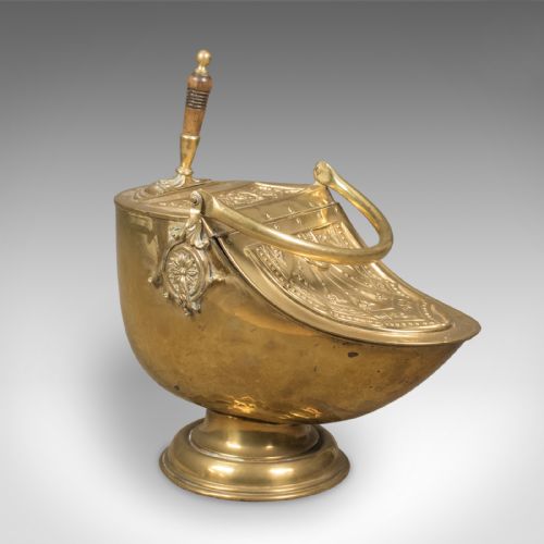 Victorian Coal Scuttle, Brass Fireside Bin with Integral Shovel, English
