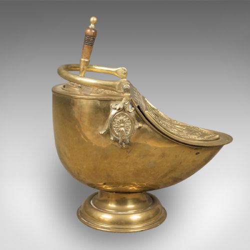 fig 1. Victorian Coal Scuttle, Brass Fireside Bin With Integral Shovel, English