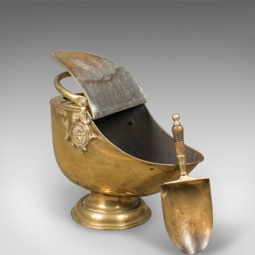 fig 2. Victorian Coal Scuttle, Brass Fireside Bin With Integral Shovel, English