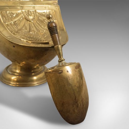 fig 3. Victorian Coal Scuttle, Brass Fireside Bin With Integral Shovel, English
