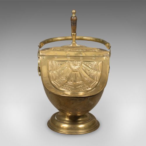 fig 4. Victorian Coal Scuttle, Brass Fireside Bin With Integral Shovel, English
