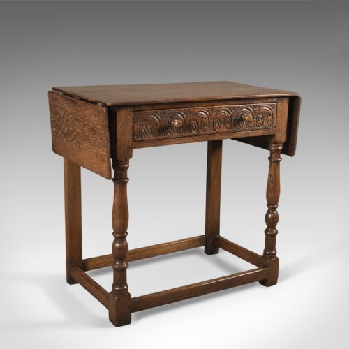 Antique Drop Flap Side Table, Victorian 17th Century Revival, English Oak
