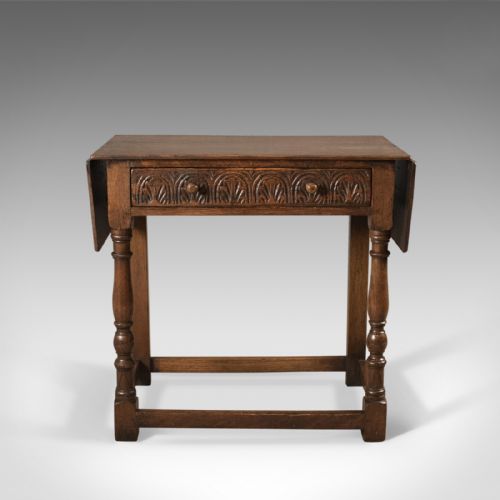fig 1. Antique Drop Flap Side Table, Victorian 17th Century Revival, English Oak