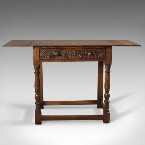 fig 2. Antique Drop Flap Side Table, Victorian 17th Century Revival, English Oak