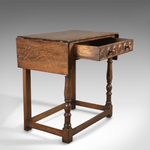 fig 3. Antique Drop Flap Side Table, Victorian 17th Century Revival, English Oak