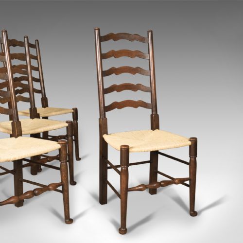 Antique Set of 4 'Wavy Line' Ladder Back Dining Chairs, Edwardian